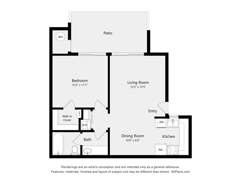 A floor plan of a house with a living room, dining room, kitchen, bedroom, bathroom and a patio.